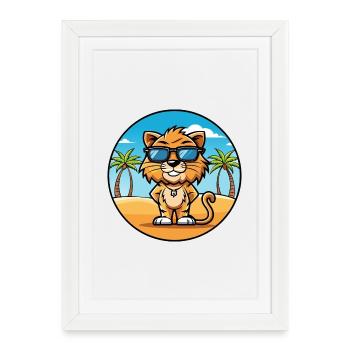 Liger Hybrid Lion Tiger Cat Breed Cartoon Beach - Framed poster (27 × 37 cm) - white - Front
