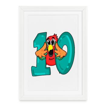 10 anniversaire - oiseau perroquet avec le numéro 10 - Affiche encadrée (27 × 37 cm) - blanc - Devant
