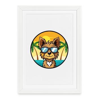 Yorkshire Terrier Chien Race Dessin Animé Plage - Affiche encadrée (27 × 37 cm) - blanc - Devant