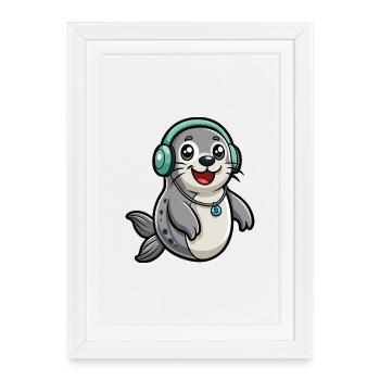 Seal Funny Cartoon Character Musique de casque - Affiche encadrée (27 × 37 cm) - blanc - Devant