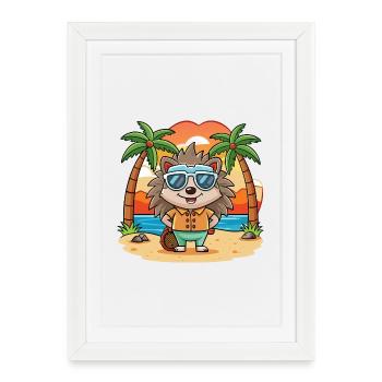 Hérisson Drôle Dessin Animé Plage De Plage Lunettes De Soleil - Affiche encadrée (27 × 37 cm) - blanc - Devant