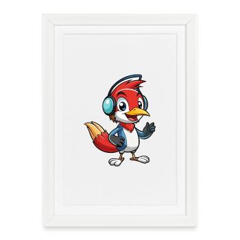 Woodpecker Funny Cartoon Character Musique de casque - Affiche encadrée (27 × 37 cm) - blanc - Devant