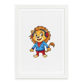 Lion Funny Cartoon Character Musique de casque - Affiche encadrée (27 × 37 cm) - blanc - Devant