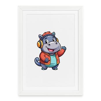 Hippo Funny Cartoon Character Musique de casque - Affiche encadrée (27 × 37 cm) - blanc - Devant