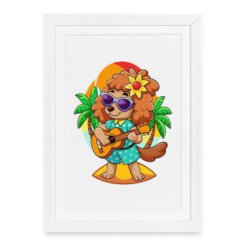Drôle Caniche Chien Dessin Animé Plage D’été Lunettes De Soleil - Affiche encadrée (27 × 37 cm) - blanc - Devant