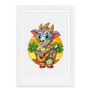 Lunettes de soleil de plage d’été de chèvre drôle hawaïenne - Affiche encadrée (27 × 37 cm) - blanc - Devant
