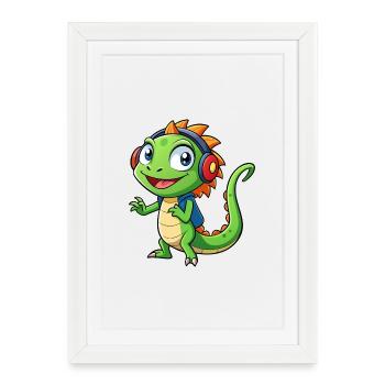 Lézard Drôle Dessin Animé Personnage Casque Musique - Affiche encadrée (27 × 37 cm) - blanc - Devant