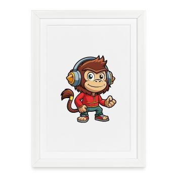 Singe Drôle Dessin Animé Personnage Casque Musique - Affiche encadrée (27 × 37 cm) - blanc - Devant