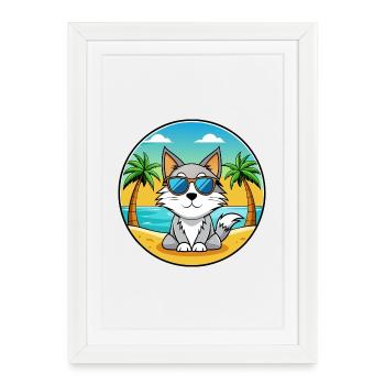 Carélie Bobtail Cat Breed Cartoon Sunglass Beach - Affiche encadrée (27 × 37 cm) - blanc - Devant