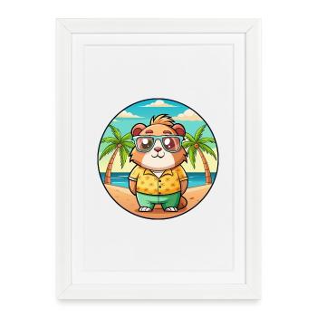 Cochon d’Inde Drôle Dessin Animé Plage Été Lunettes de soleil - Affiche encadrée (27 × 37 cm) - blanc - Devant