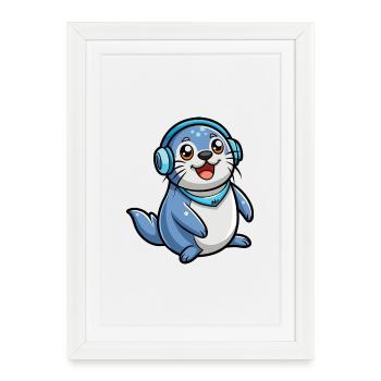 Seal Funny Cartoon Character Musique de casque - Affiche encadrée (27 × 37 cm) - blanc - Devant