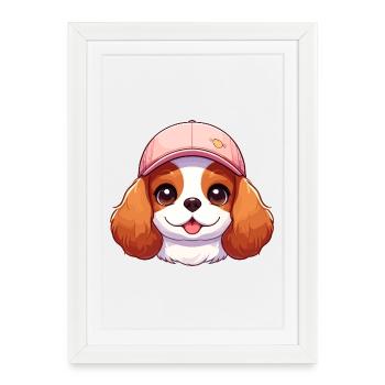 Chien Cavalier King Charles chien - casquette rose - Affiche encadrée (27 × 37 cm) - blanc - Devant