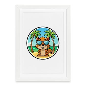 Écureuil Drôle Dessin Animé Plage Été Lunettes de soleil - Affiche encadrée (27 × 37 cm) - blanc - Devant