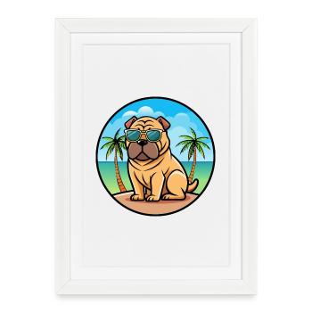 Chinois Shar Pei Chien Race Dessin Animé Lunettes De Soleil Plage - Affiche encadrée (27 × 37 cm) - blanc - Devant