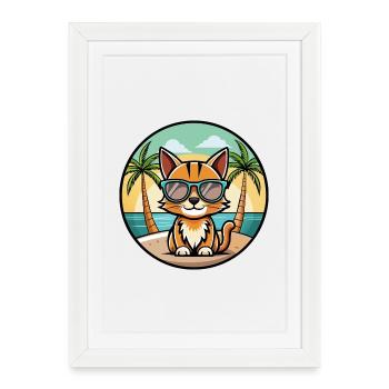 Somali Shorthair Cat Breed Cartoon Sunglass Beach - Affiche encadrée (27 × 37 cm) - blanc - Devant