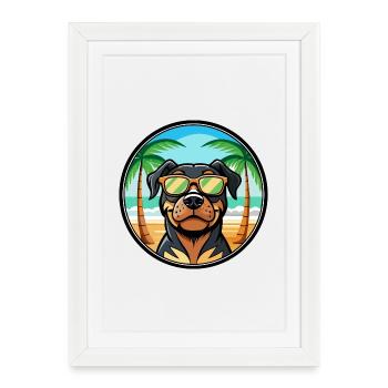 Rottweiler Chien Race Dessin Animé Lunettes De Soleil Plage - Affiche encadrée (27 × 37 cm) - blanc - Devant