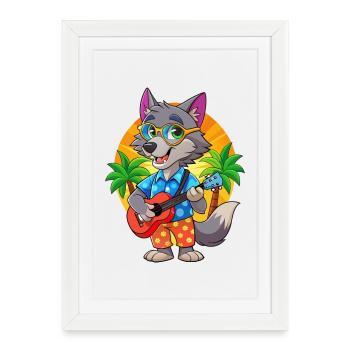 Drôle de loup dessin animé plage d’été lunettes de soleil guitare - Affiche encadrée (27 × 37 cm) - blanc - Devant