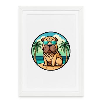 Chinois Shar Pei Chien Race Dessin Animé Lunettes De Soleil Plage - Affiche encadrée (27 × 37 cm) - blanc - Devant