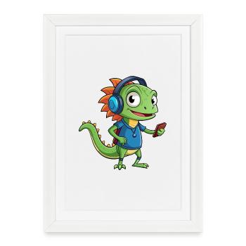 Lézard Drôle Dessin Animé Personnage Casque Musique - Affiche encadrée (27 × 37 cm) - blanc - Devant