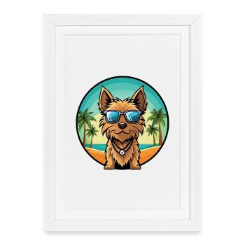 Australian Silky Terrier Chien Race Cartoon Beach - Affiche encadrée (27 × 37 cm) - blanc - Devant