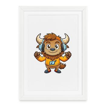 Bison Funny Cartoon Character Casque Musique - Affiche encadrée (27 × 37 cm) - blanc - Devant