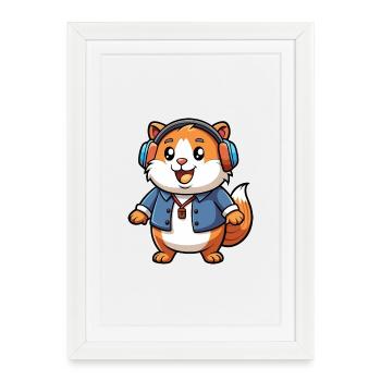 Cochon d’Inde Drôle Dessin Animé Personnage Casque Musique - Affiche encadrée (27 × 37 cm) - blanc - Devant