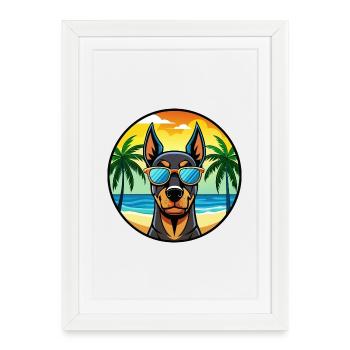 Doberman Pinscher Dog Breed Cartoon Sunglass Beach - Framed poster (27 × 37 cm) - white - Front