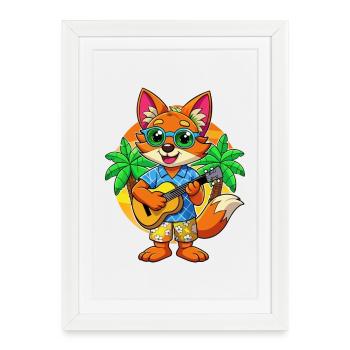 Drôle de renard dessin animé d’été plage lunettes de soleil guitare - Affiche encadrée (27 × 37 cm) - blanc - Devant