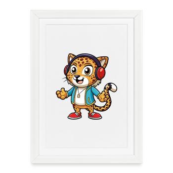 Léopard Funny Cartoon Character Musique de casque - Affiche encadrée (27 × 37 cm) - blanc - Devant