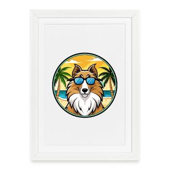 Rough Collie Chien Race Dessin Animé Lunettes De Soleil Plage - Affiche encadrée (27 × 37 cm) - blanc - Devant
