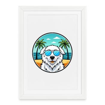 Kuvasz Hungarian Dog Breed Cartoon Sunglass Beach - Framed poster (27 × 37 cm) - white - Front