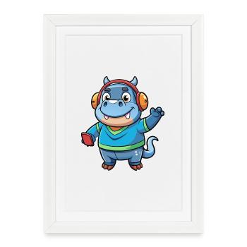Hippo Funny Cartoon Character Musique de casque - Affiche encadrée (27 × 37 cm) - blanc - Devant