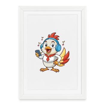 Poulet Drôle Dessin Animé Personnage Casque Musique - Affiche encadrée (27 × 37 cm) - blanc - Devant