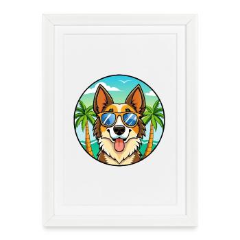 Chien de berger nord-américain race dessin animé plage - Affiche encadrée (27 × 37 cm) - blanc - Devant