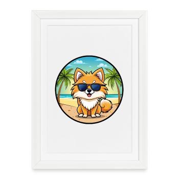 Poméranie Spitz allemand race de chien Cartoon Beach - Affiche encadrée (27 × 37 cm) - blanc - Devant