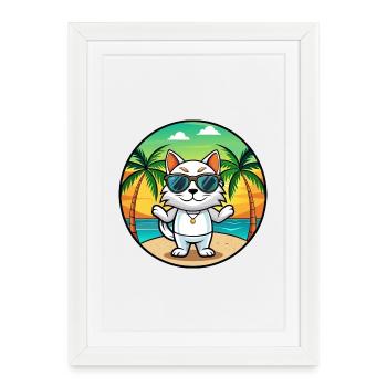 Japanese Bobtail Cat Breed Cartoon Sunglass Beach - Framed poster (27 × 37 cm) - white - Front