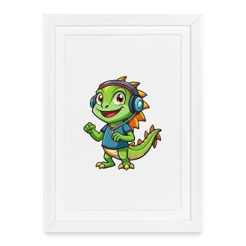 Iguane Funny Cartoon Character Musique de casque - Affiche encadrée (27 × 37 cm) - blanc - Devant