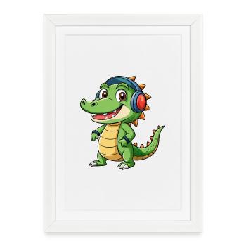 Crocodile Drôle Dessin Animé Personnage Casque Musique - Affiche encadrée (27 × 37 cm) - blanc - Devant