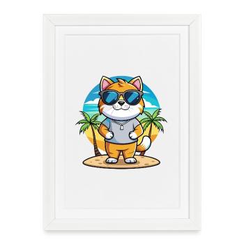 British Fold Shorthair Cat Breed Cartoon Beach - Affiche encadrée (27 × 37 cm) - blanc - Devant