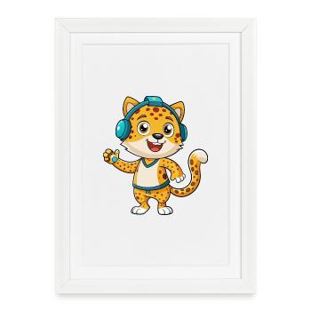 Léopard Funny Cartoon Character Musique de casque - Affiche encadrée (27 × 37 cm) - blanc - Devant