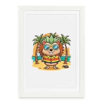 Hérisson Drôle Dessin Animé Plage De Plage Lunettes De Soleil - Affiche encadrée (27 × 37 cm) - blanc - Devant