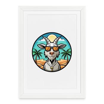 Chèvre Drôle Dessin Animé Plage D’été Lunettes De Soleil Autocollant - Affiche encadrée (27 × 37 cm) - blanc - Devant