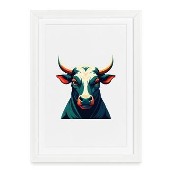 Taureau Dessin animé Personnage Animal de compagnie coloré - Affiche encadrée (27 × 37 cm) - blanc - Devant