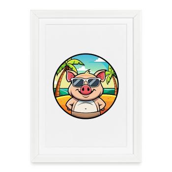 Cochon Drôle Dessin Animé Plage D’été Lunettes De Soleil Autocollant - Affiche encadrée (27 × 37 cm) - blanc - Devant