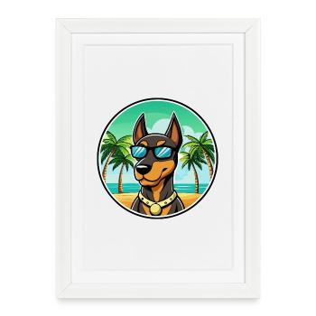 Doberman Pinscher Dog Breed Cartoon Sunglass Beach - Framed poster (27 × 37 cm) - white - Front