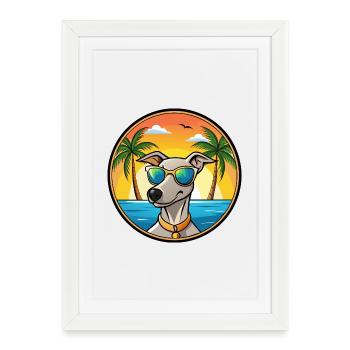 Lurcher Chien Race Dessin Animé Lunettes De Soleil Plage - Affiche encadrée (27 × 37 cm) - blanc - Devant