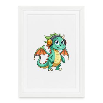 Dragon Funny Cartoon Character Musique de casque - Affiche encadrée (27 × 37 cm) - blanc - Devant