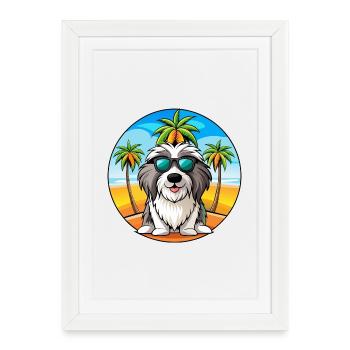 Bearded Collie Chien Race Dessin Animé Lunettes de Soleil Plage - Affiche encadrée (27 × 37 cm) - blanc - Devant