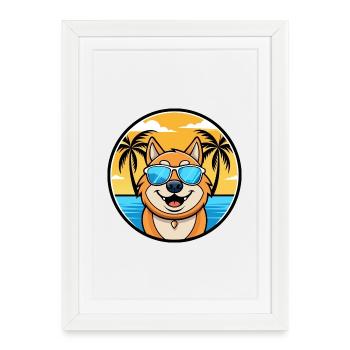 Plage de dessin animé de race de chien Ovcharka de Russie du Sud - Affiche encadrée (27 × 37 cm) - blanc - Devant