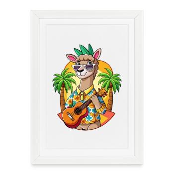 Drôle Lama Dessin Animé Plage D’été Lunettes De Soleil Guitare - Affiche encadrée (27 × 37 cm) - blanc - Devant